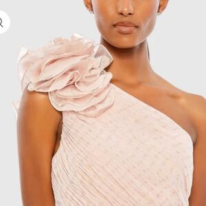 Mac Duggal Blush Pink One-Shoulder Evening Dress with Floral Shoulder Detail